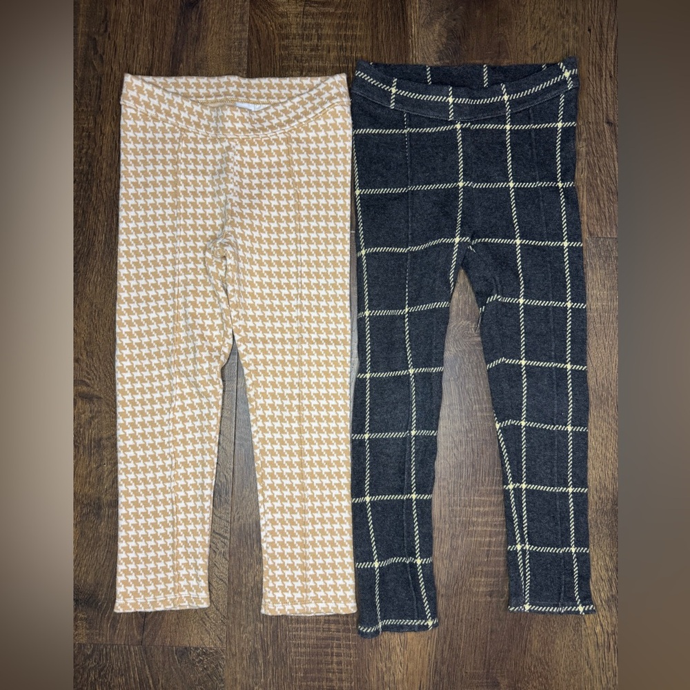 Janie and Jack Tan Houndstooth and Grey Plaid Leggings